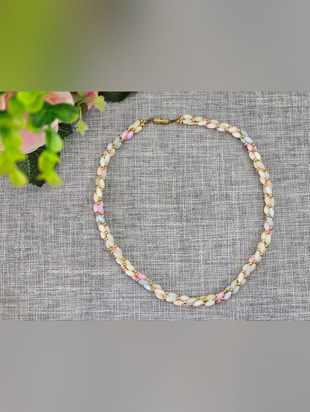 Vintage Pastel Multicolor Twist Rice Bead Necklace With Gold Accent Beads